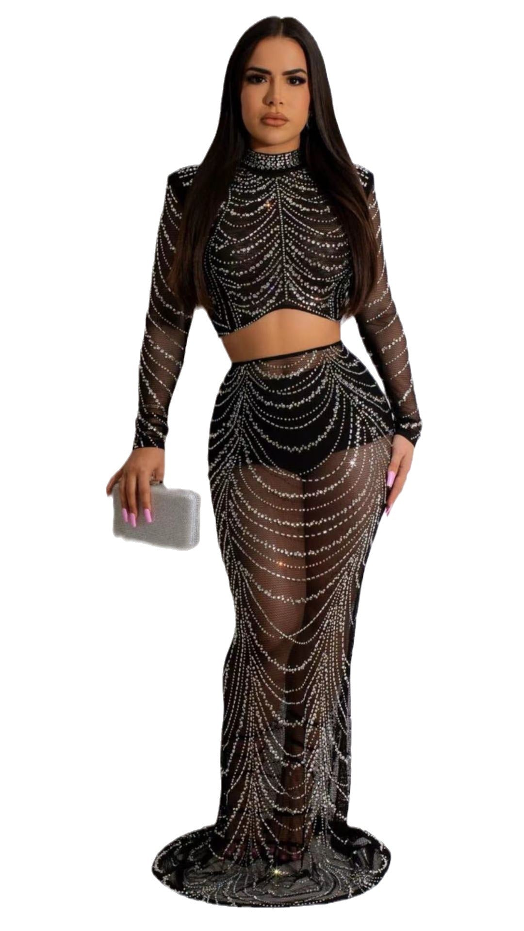 Black Sheer Metallic Transparent Tassel Women's Long Sleeve Rhinestone Crop Top + High Waist Maxi Skirt 2-Piece Set