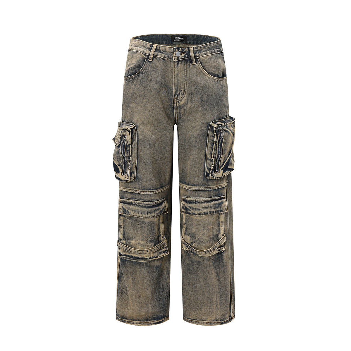 Men's Faded Washed Hip-Hop Multi-Pocketed Loose Wide Leg Cargo Jeans