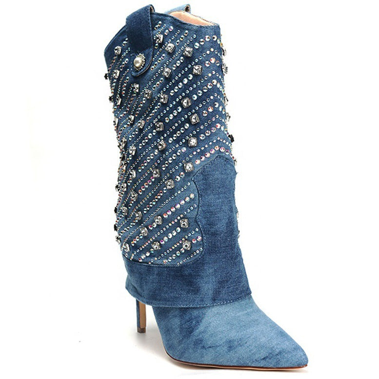 Denim Rhinestone Western Pointed Toe Stiletto Women's Jean Slouch Pipe Boots