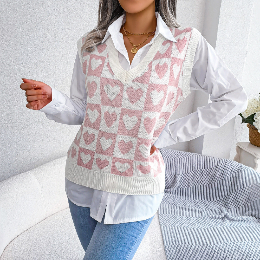 Preppy Colorblock Heart Print Women's V-Neck Knitted Sweater Vest