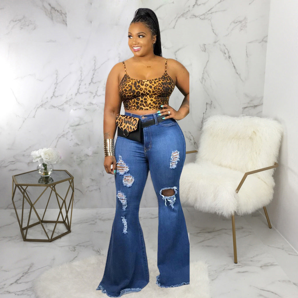 Denim Cut-Out Hole Ripped Fringe Pattern Slim Stretch Wide Leg Women's Bell-Bottom Jeans to 5X Plus Size