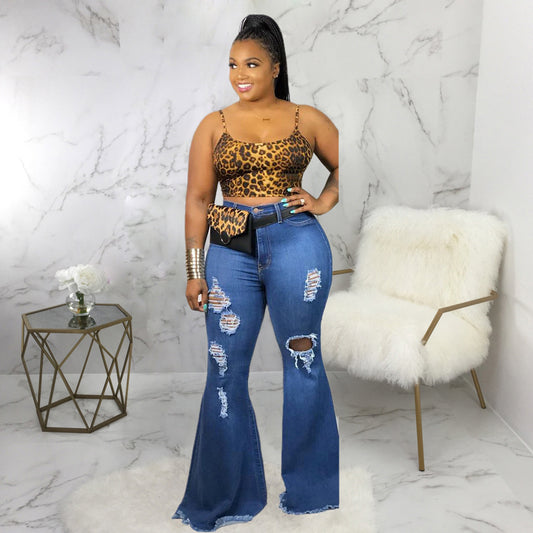 Denim Cut-Out Hole Ripped Fringe Pattern Slim Stretch Wide Leg Women's Bell-Bottom Jeans to 5X Plus Size