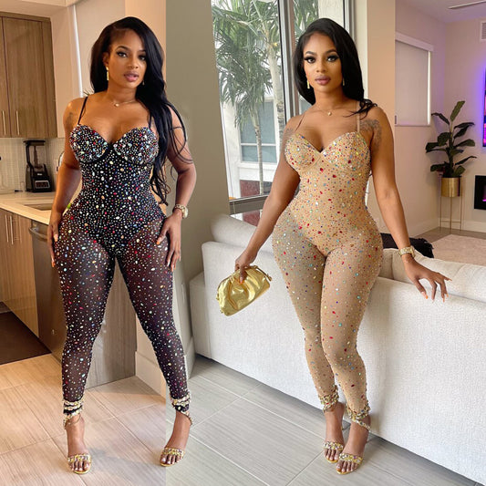 Mesh Rhinestone Embellished Transparent Corset Top Spaghetti Strap Women's Skinny Party Jumpsuit