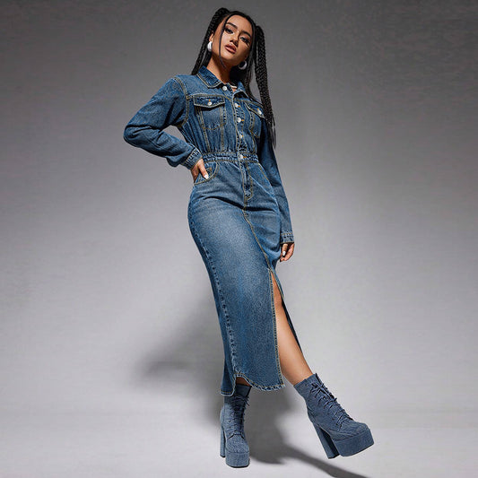 Denim Blue Double Pocket Design Long Sleeve High Slit Maxi Button-Up Jean Dress