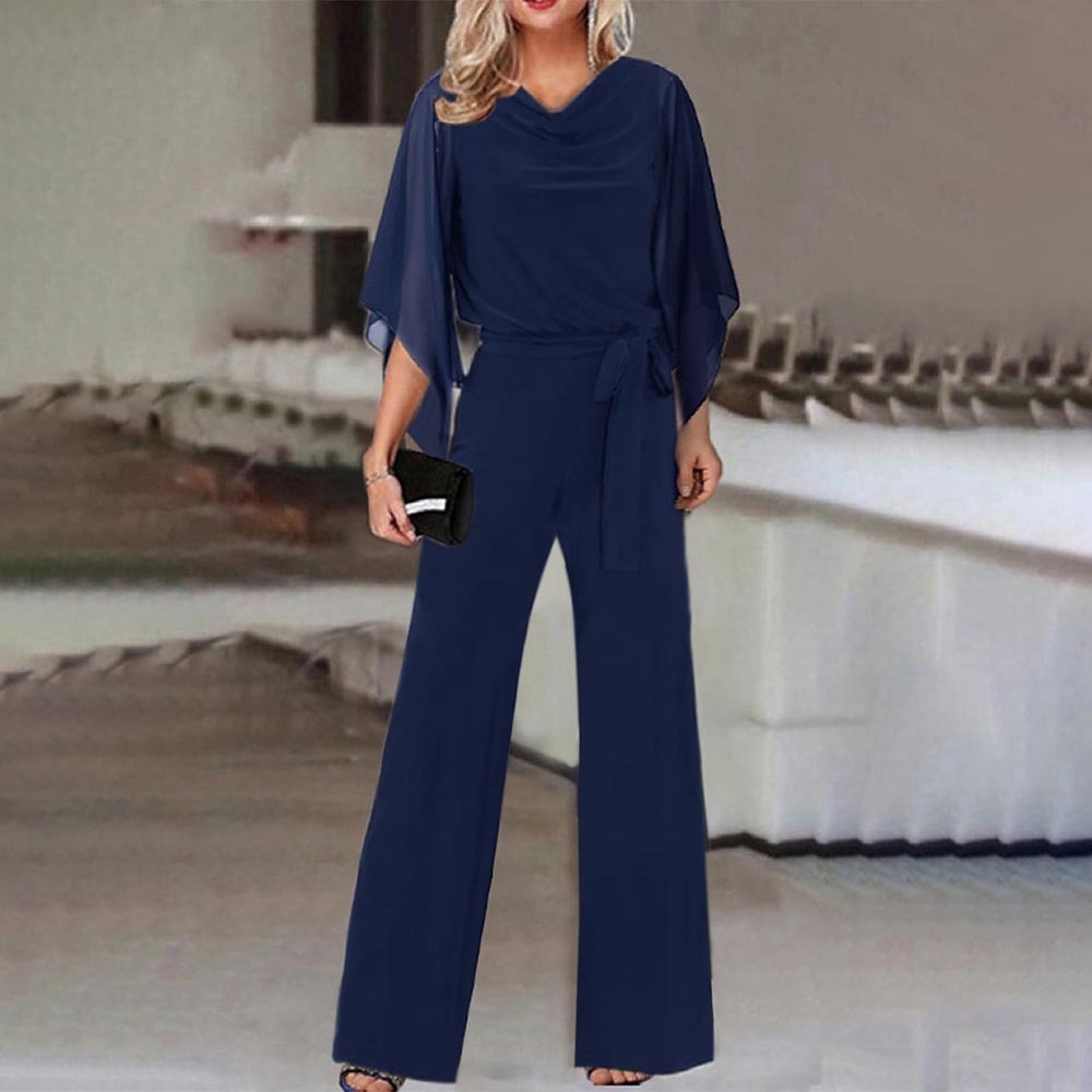 Sheer Long Sleeve Solid Color Women's High Waist Lace-Up Wide Leg Pants Jumpsuit to 3X Plus Size