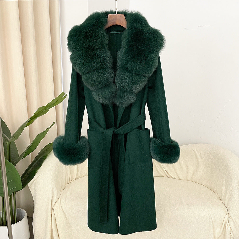 Oversized Fur Collar Double Sided Water Ripple Wool Women's Trenchcoat