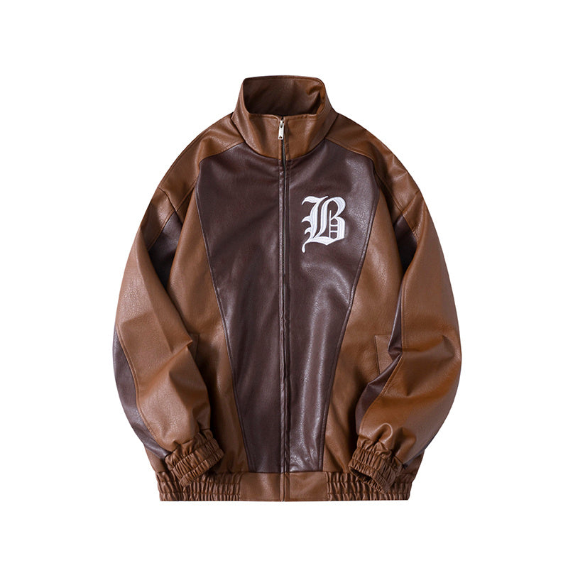 Men's PU Leather Letter Print Hip-Hop Colorblock  Contrast Patchwork Embroidered Bomber Jacket