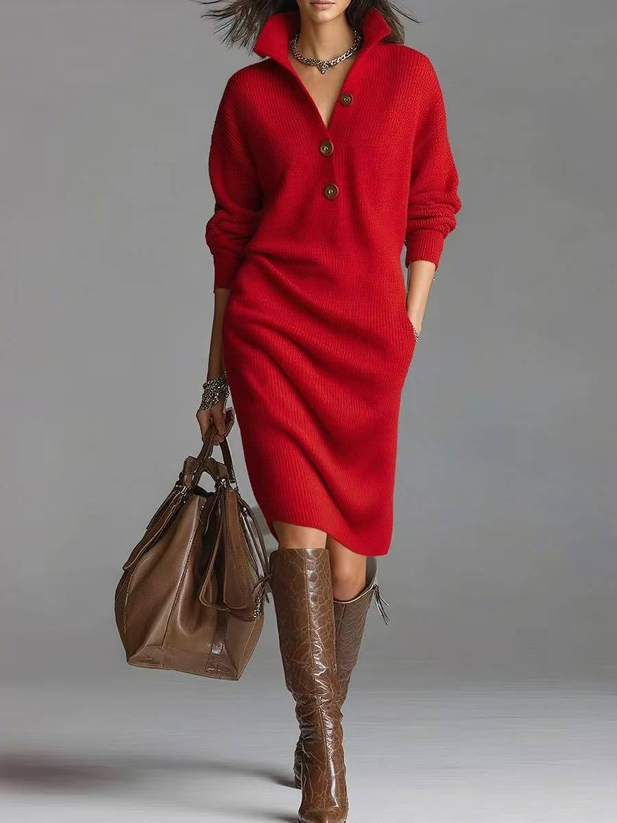 Knitted Button-Up Long Sleeve Stand Turn-Down Collar Pullover Sweater Dress to 3X Plus Size