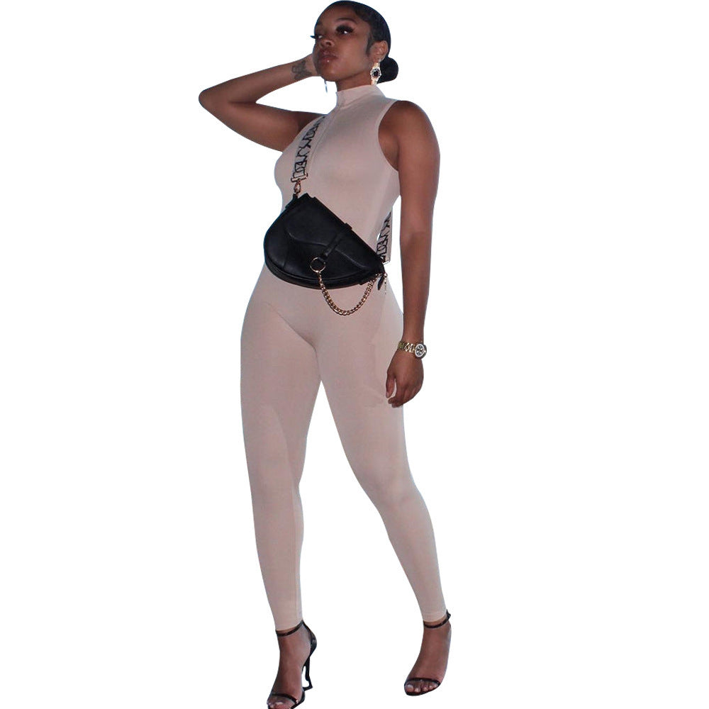 Sleeveless Women's Sports Skin Tight Zipper One-Piece Jumpsuit