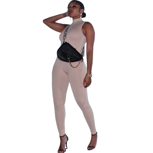 Sleeveless Women's Sports Skin Tight Zipper One-Piece Jumpsuit