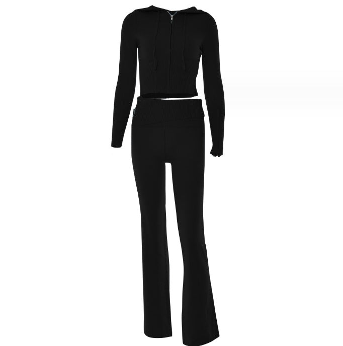 Solid Knitted Long Sleeve Zipper Sweater Jacket + High Waist Knitted Pants 2-Piece Sweater Tracksuit