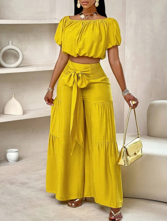 Ruched Solid Color Women's Off-the-Shoulder Short Sleeve O-Neck Crop Top + Wide Leg Tiered Bowknot Lace-Up Pants 2-Piece Set to 3X Plus Size