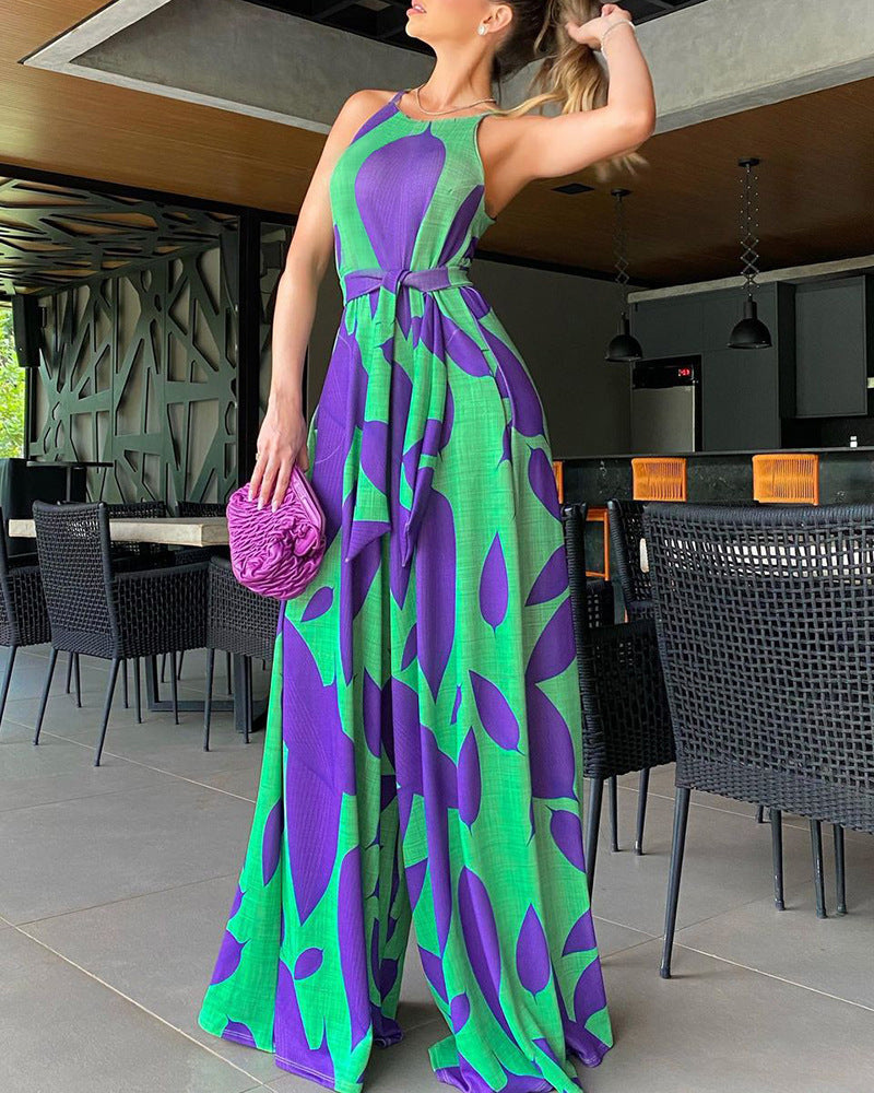 Sleeveless Green/Purple Leaf Print Casual Lace-Up Women's Wide Leg Jumpsuit