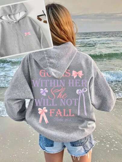 Oversized "God Is Within Her She Will Not Fail" O-Neck Bow Butterfly Heart Letter Print Women's Hoodie Sweatshirt