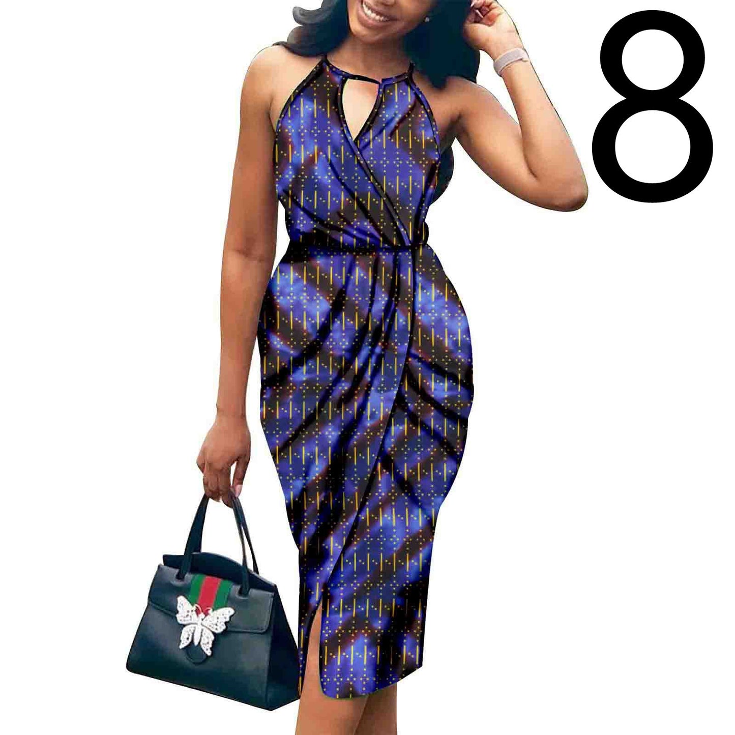African Print Batik Cotton Sleeveless V-Neck Halter Strap Formal Party Dress to 3X Plus Size