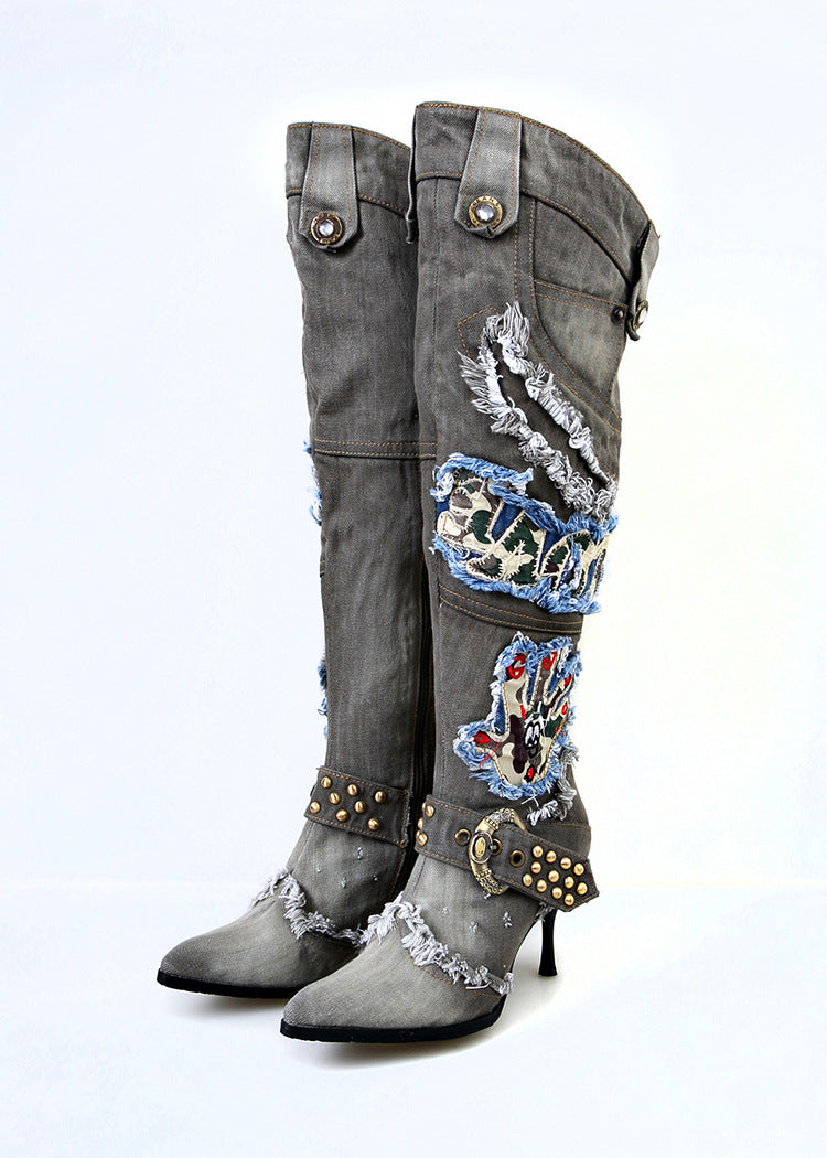 Denim Ripped Women's String Beaded Stiletto Heel Knee-High Jean Boots