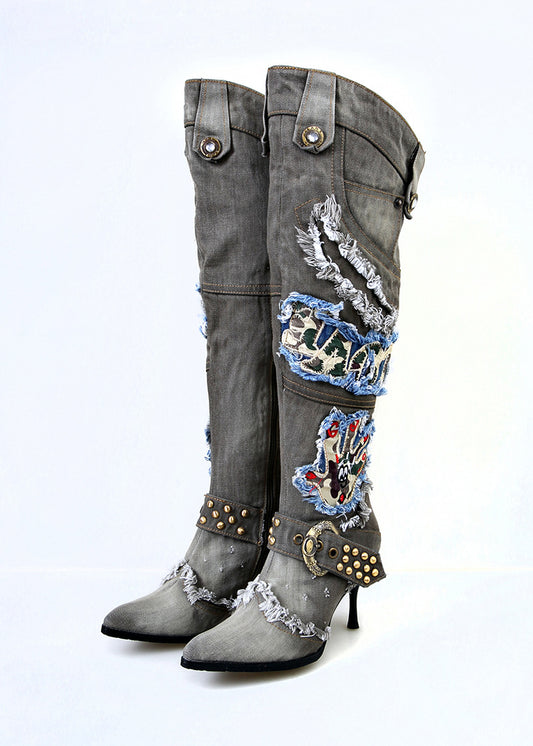 Denim Ripped Women's String Beaded Stiletto Heel Knee-High Jean Boots