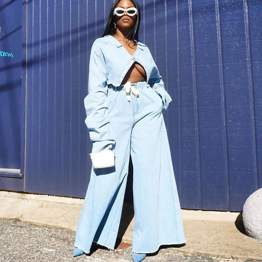 Blue Denim Ripped Hem Single Button Long Sleeve Jean Crop Top + Elastic Waist Drawstring Wide Leg Jeans Women's 2-Piece Set