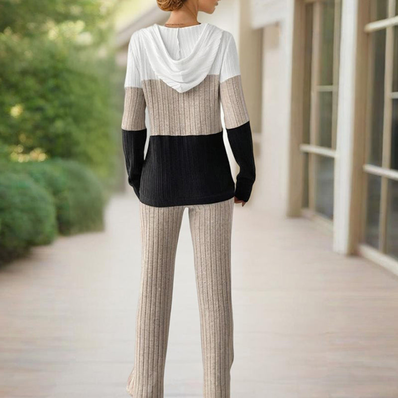 Knitted Ribbed Drawstring Striped Colorblock Long Sleeve Zipper Hoodie Sweatshirt + Wide Leg Sweatpants Women's Tracksuit