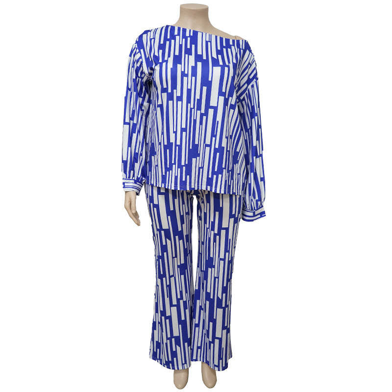Blue/White Striped Colorblock Off-the-Shoulder Long Sleeve Shirt+ Loose Pants 2-Piece Set to 4X Plus Size