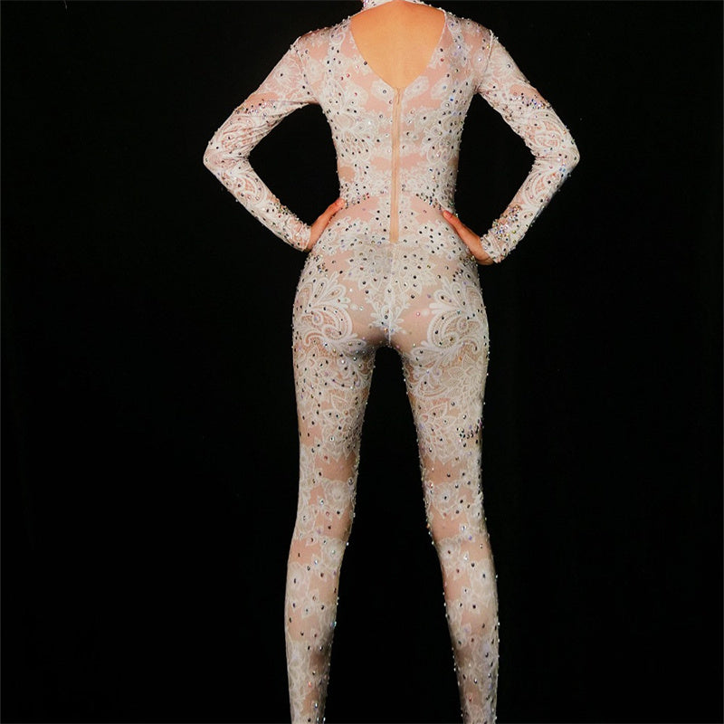 Crystal Metallic Floral Rhinestone Mesh Hollow-Out Print Long Sleeve Women's Dance Performance Jumpsuit