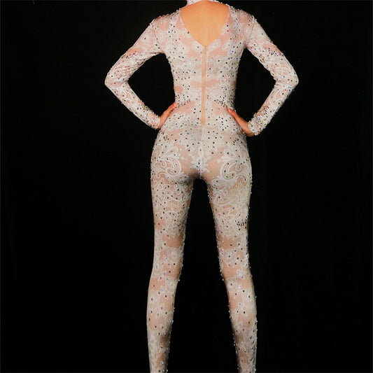 Crystal Metallic Floral Rhinestone Mesh Hollow-Out Print Long Sleeve Women's Dance Performance Jumpsuit