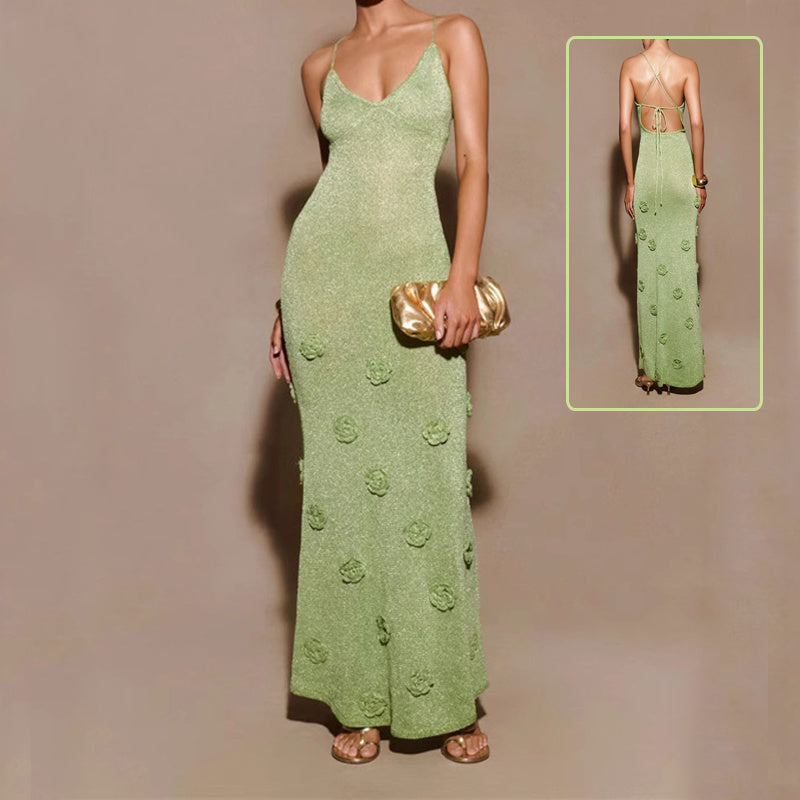 Knitted Crochet Flower Embroidered Glitter Sleeveless Spaghetti Strap Maxi Dress