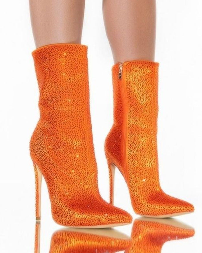 Rhinestone Sparkling Glitter Pointed Toe Women's Platform Zipper Ankle Boots