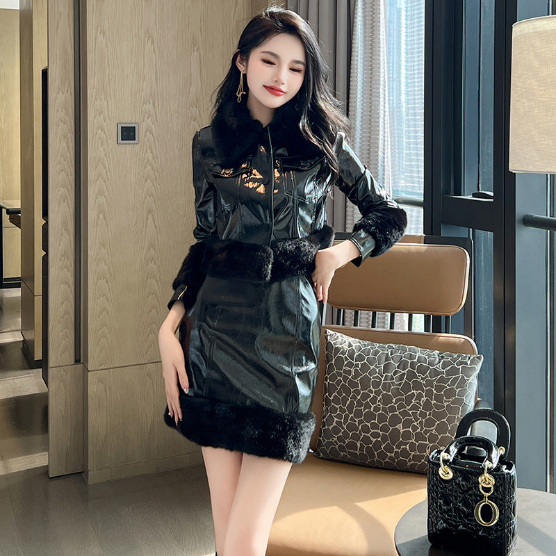Black Faux Leather Cropped Faux Fur Collar Jacket + Mini Skirt Women's 2-Piece Set