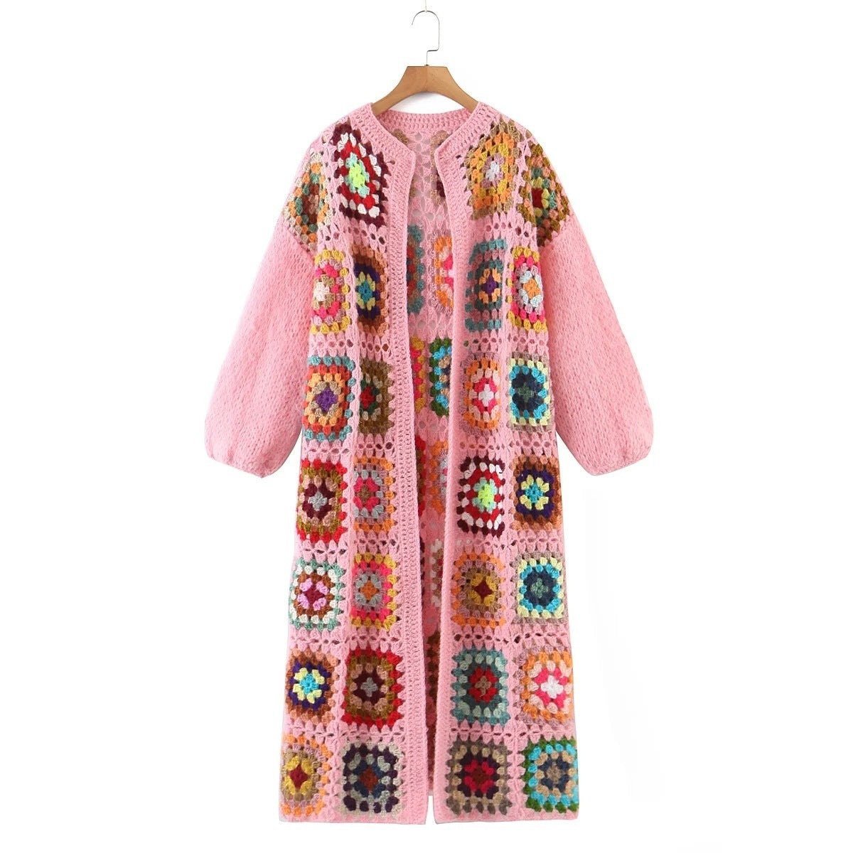 Crochet Floral Geometric Plaid Colorblock Pattern Women's Lantern Sleeve O-Neck Maxi Cardigan Sweater