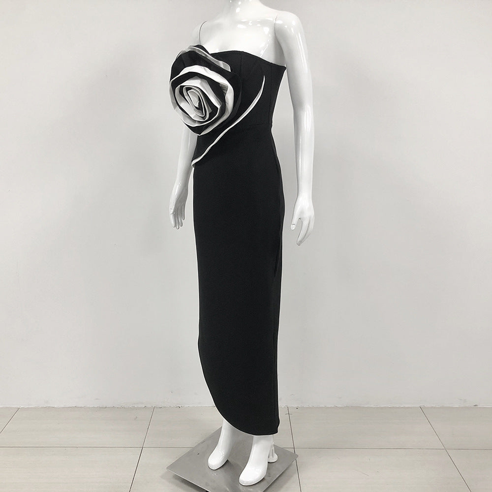 Sleeveless Big Flower Detail Tube Top Bandage Formal Maxi Tube Dress