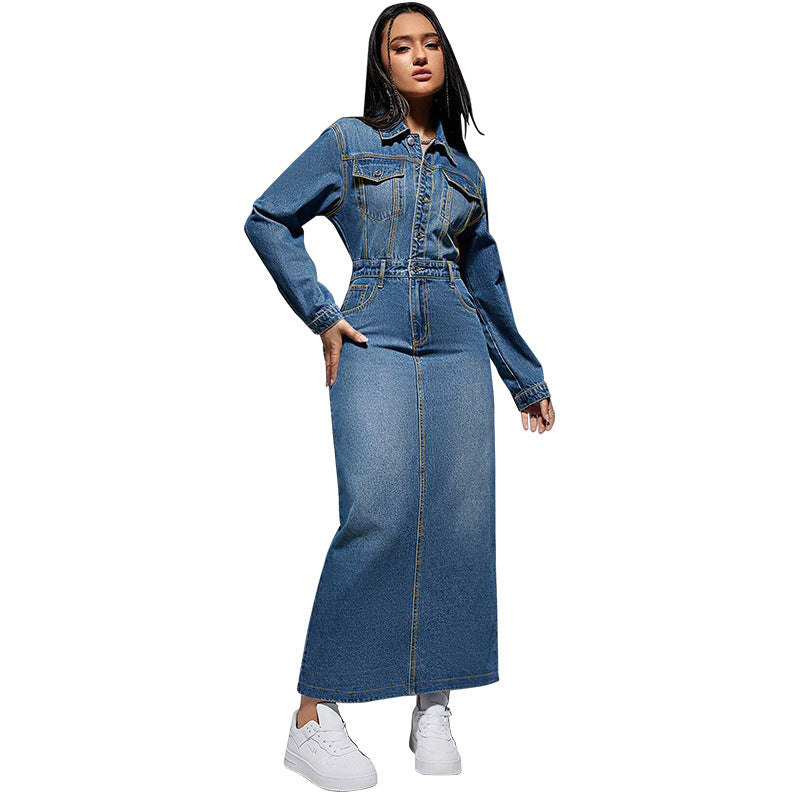 Denim Blue Washed Turn-Down Collar Long Sleeve High Back Slit Button-Up Maxi Jean Dress