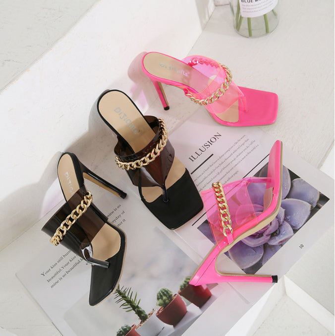 Square Toe PVC Gold Chain Detail Stiletto Heel Women's Sandal Pumps