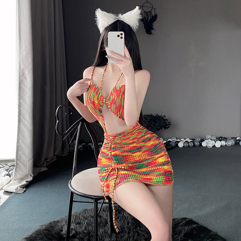 Crochet Knitted Geometric Rainbow Color Backless Hollow-Out Mini Sweater Dress