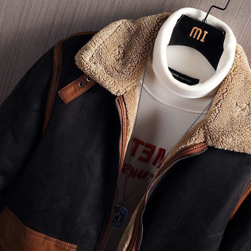 Men's PU Leather Colorblock Velvet Fleece Lined Jacket