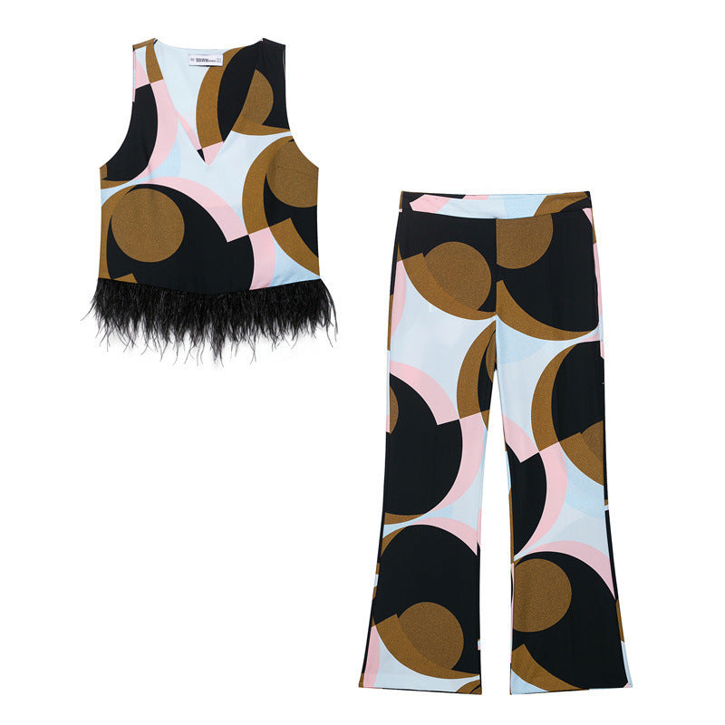 Feather Tassel Hem Geometric Print Sleeveless Top + Bell-Bottom Pants Women's 2-Piece Set-SOLD SEPARATELY