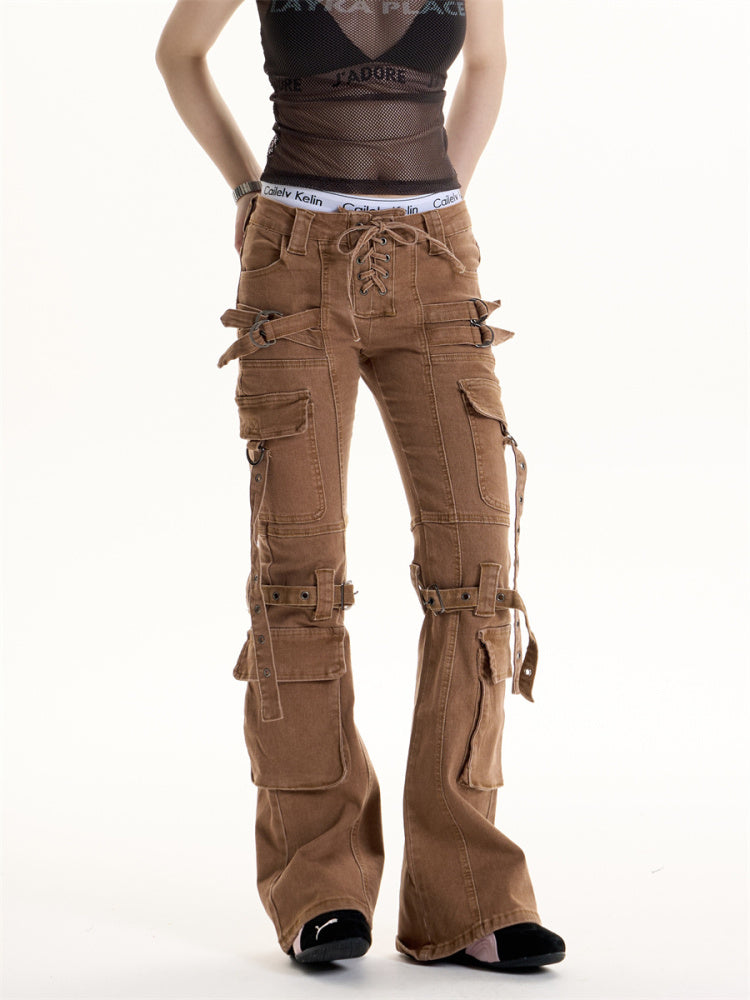 Retro Denim Brown Multi-Pocketed Women's Cargo Jeans