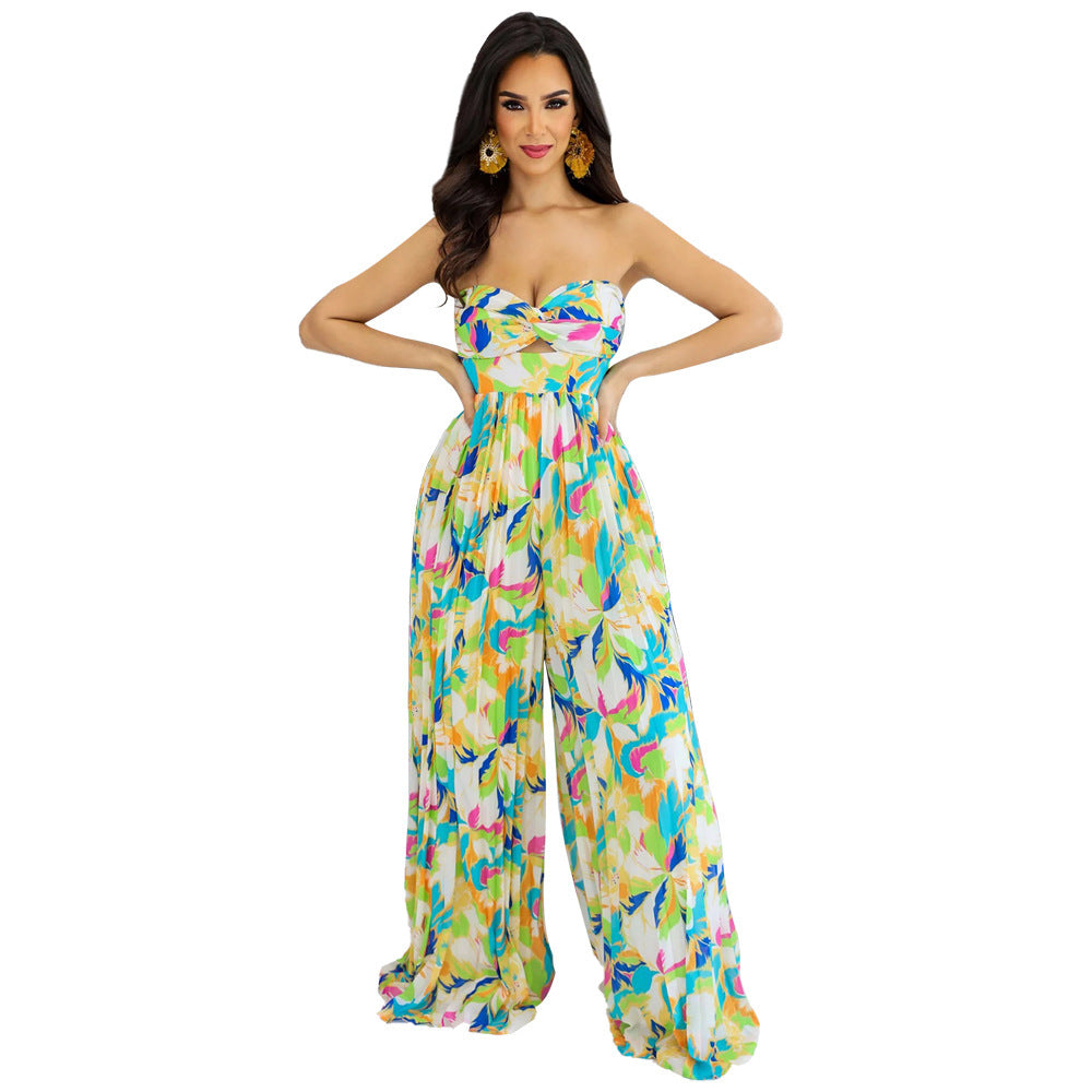 Pleated Sleeveless Tropical Floral Print Women's Hollow-Out Tube Top Wide Leg Pants Jumpsuit