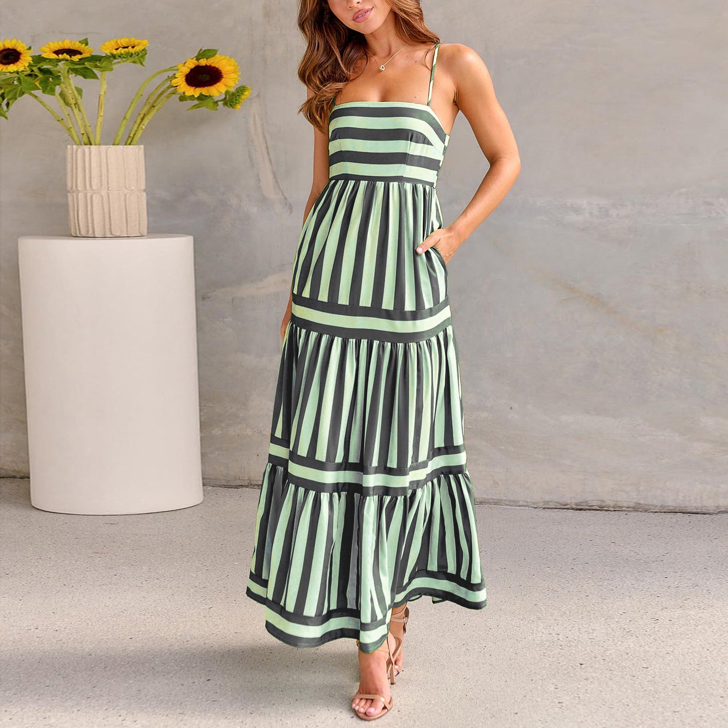 Striped Print Spaghetti Strap Square Neck Backless Maxi Tiered Beach Dress