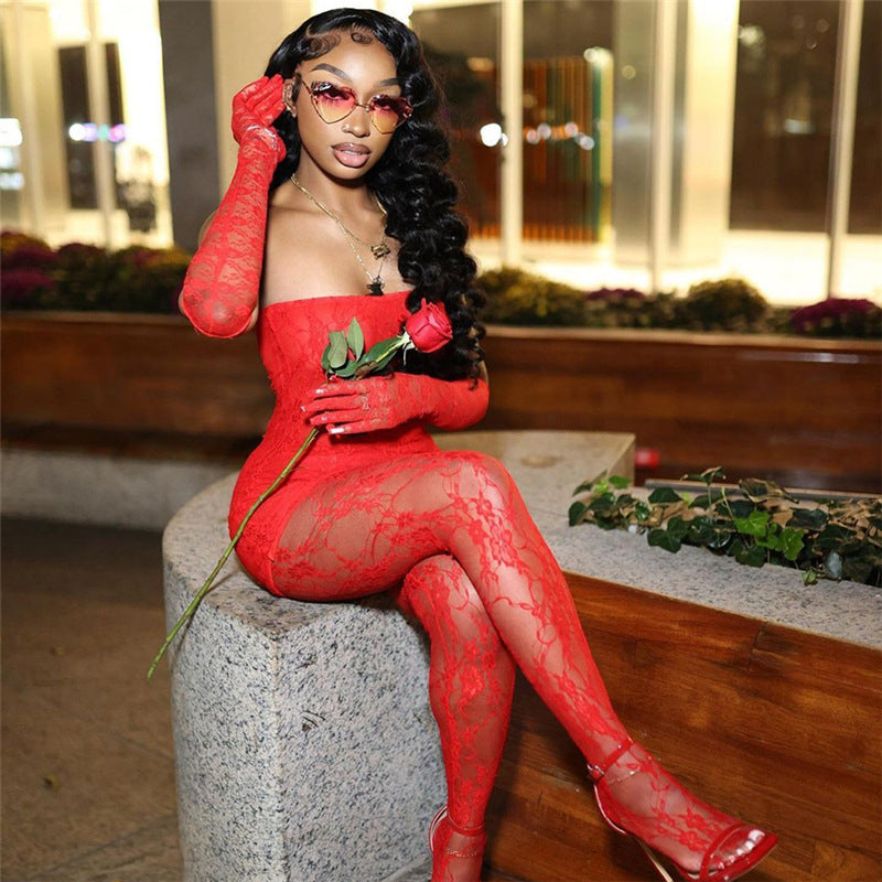 Lace Sleeveless Strapless Tube Top High Waist Skin Tight Stocking Jumpsuit