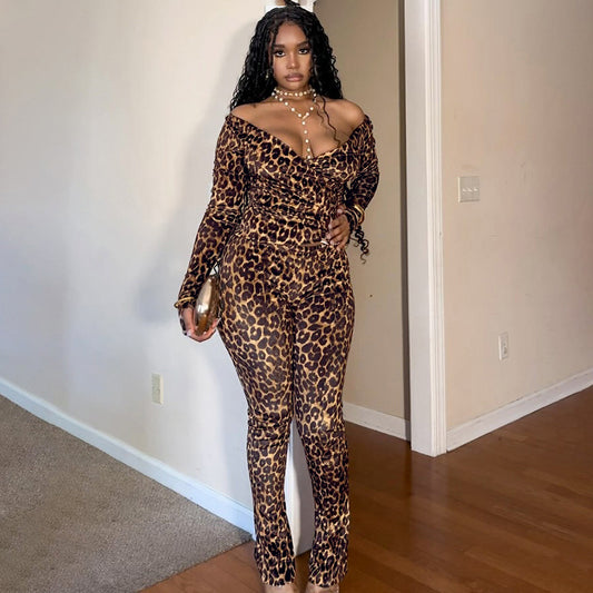 Leopard Print Off-the-Shoulder Long Sleeve Deep V-Neck Bodysuit + Skinny Leggings 2-Piece Set