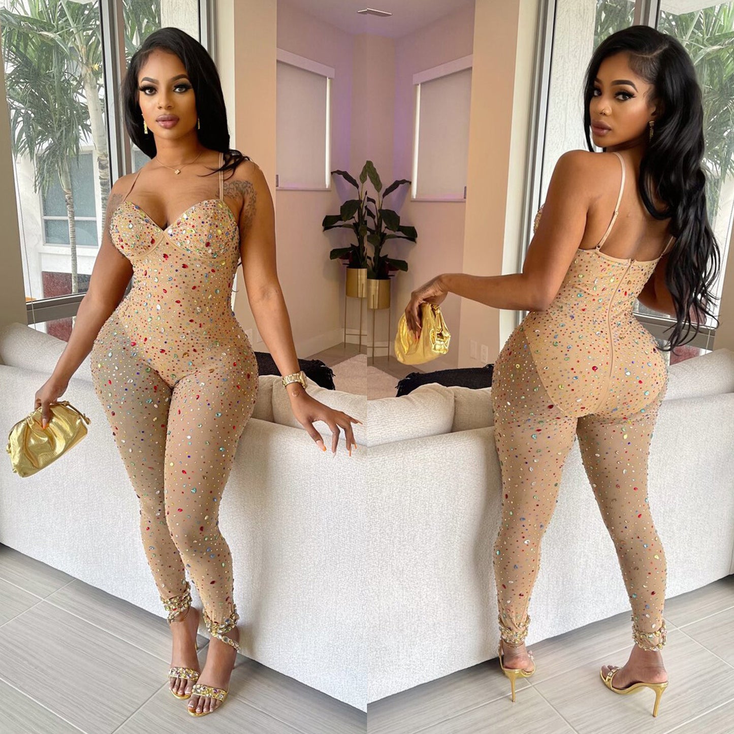 Mesh Rhinestone Embellished Transparent Corset Top Spaghetti Strap Women's Skinny Party Jumpsuit