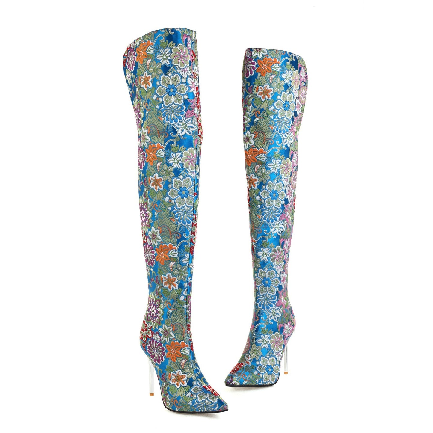 70's Flower Embroidered Pointed Toe Stiletto Heel Back Zipper Over-the-Knee Boots