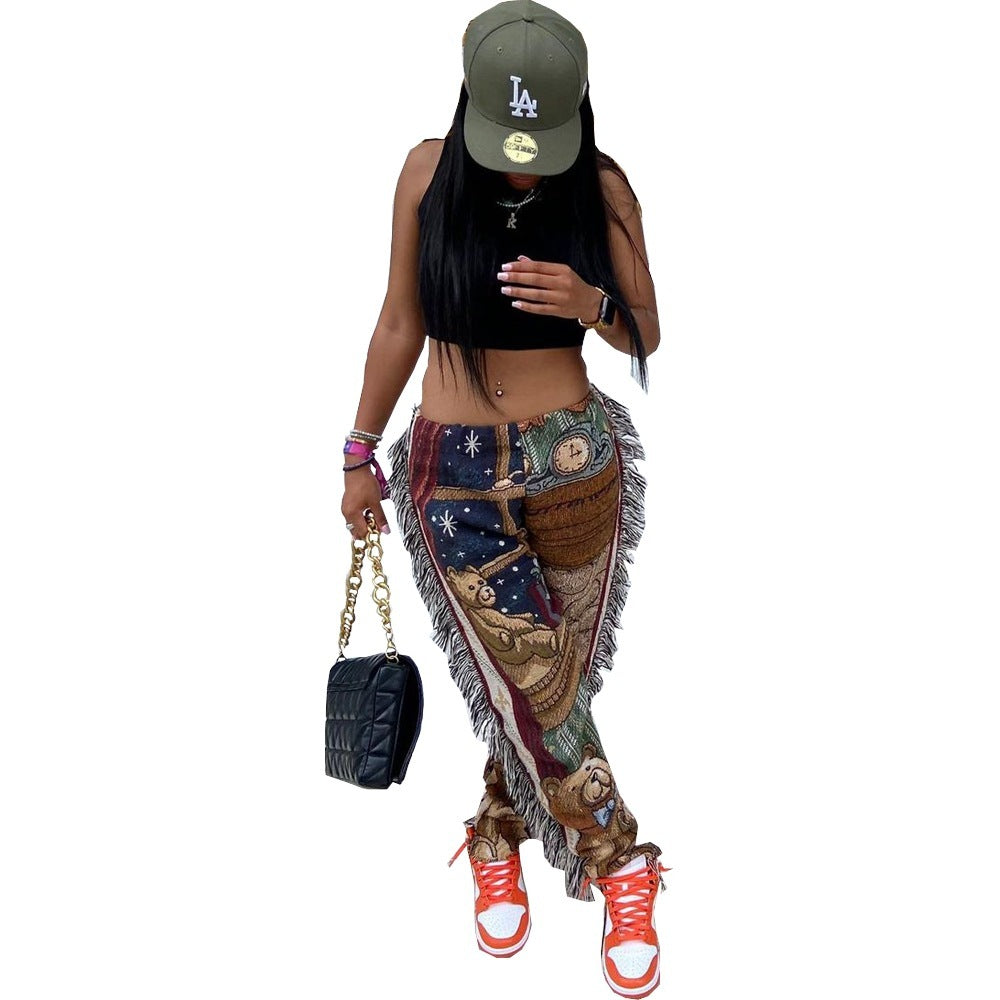 Tassel Fringe Cartoon Print Casual Women's Pants
