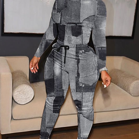 Mock Denim Print Colorblock Women's Long Sleeve Top + Leggings 2-Piece Set