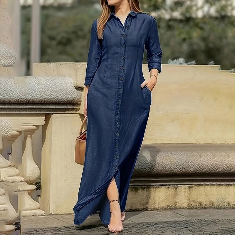 Denim Button-Up Long Sleeve Long Jean Pocket Dress to 5X Plus Size