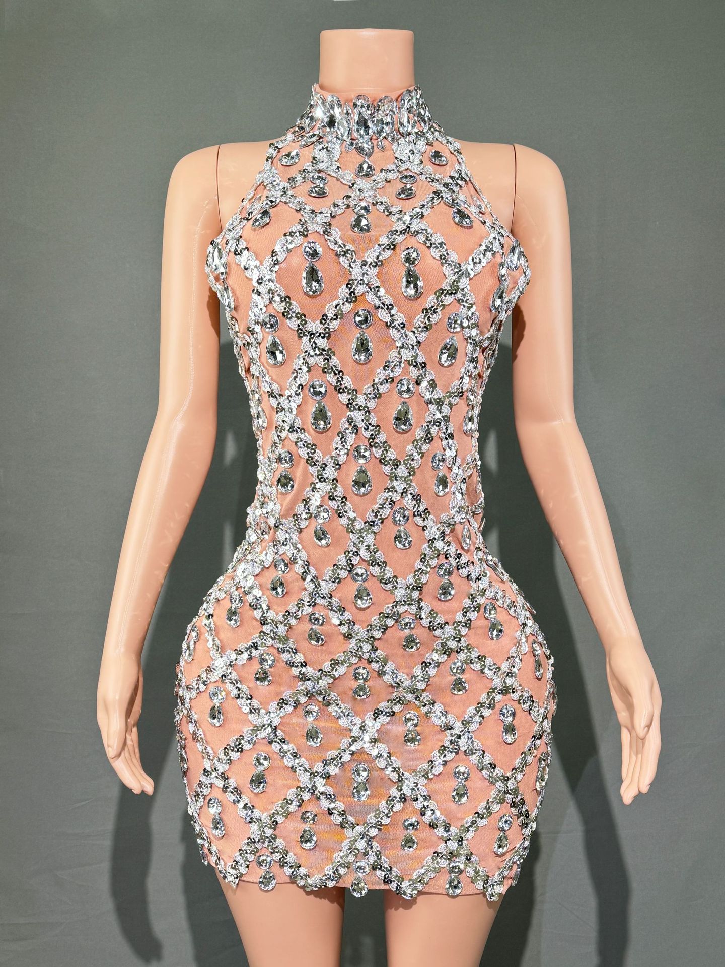 Diamond Sequin Mesh Geometric Hollow-Out Design Sleeveless Mini Zipper Back Formal Mini Dress