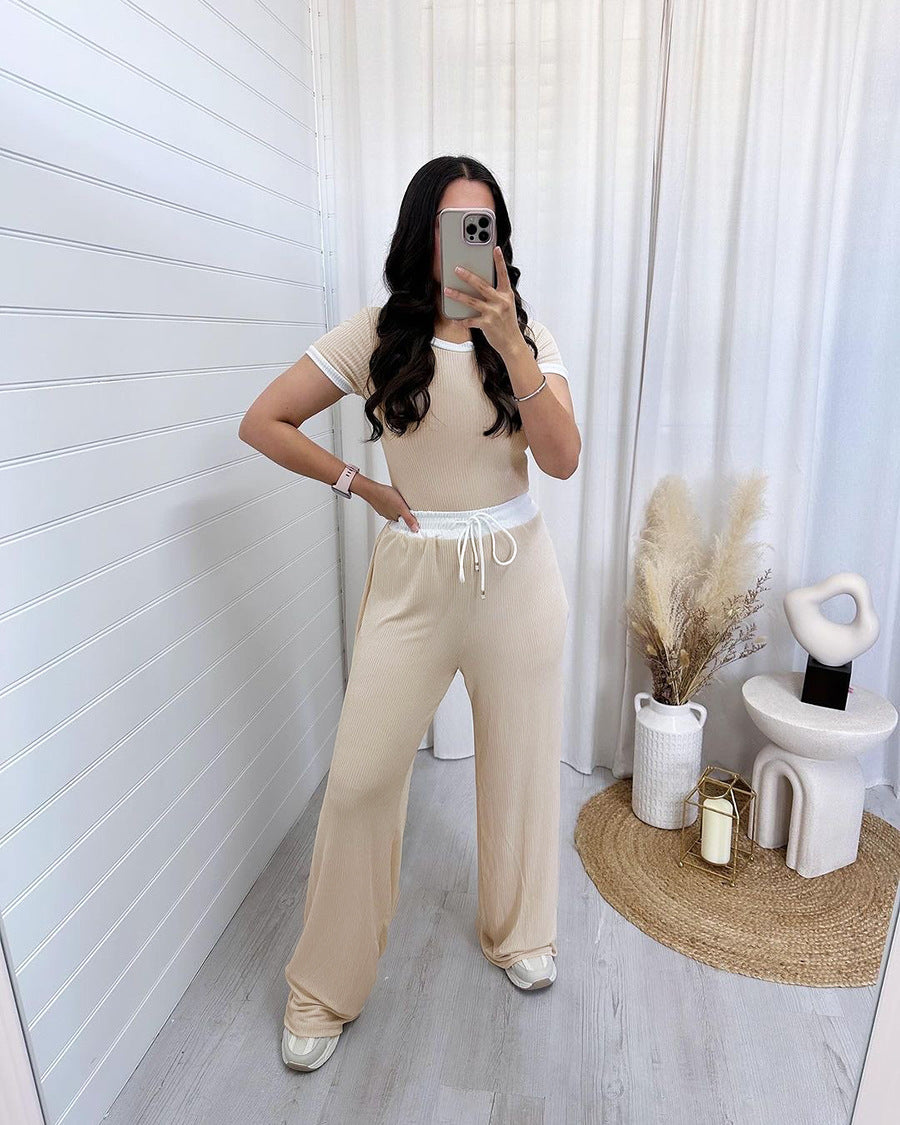 Side Striped Colorblock O-Neck Women's Short Sleeve T-Shirt + Drawstring Wide Leg Pants 2-Piece Set