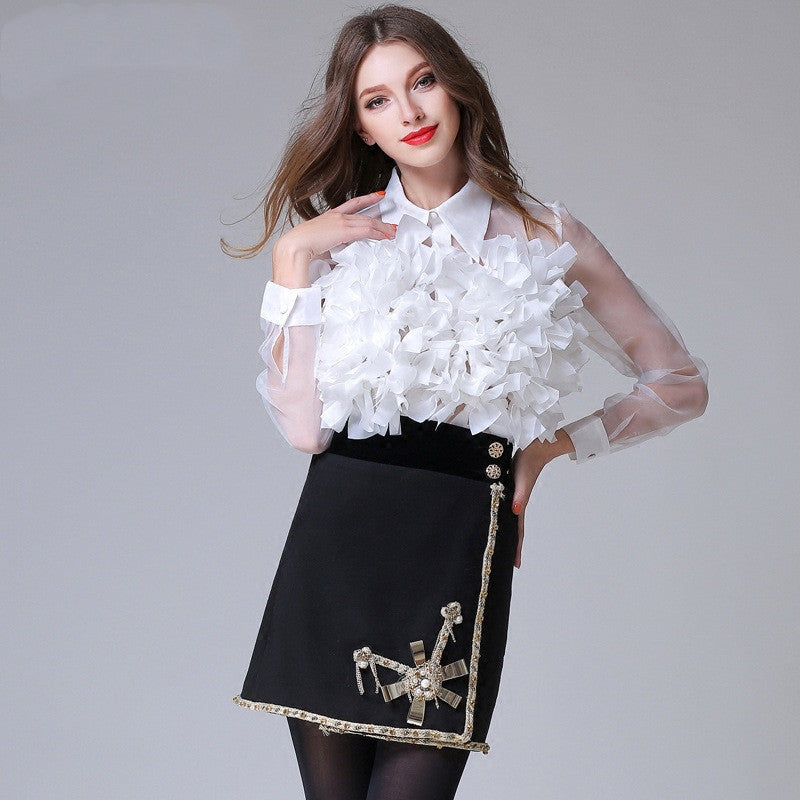 Big Flower Design Transparent Organza Women's Long Sleeve Dress Shirt