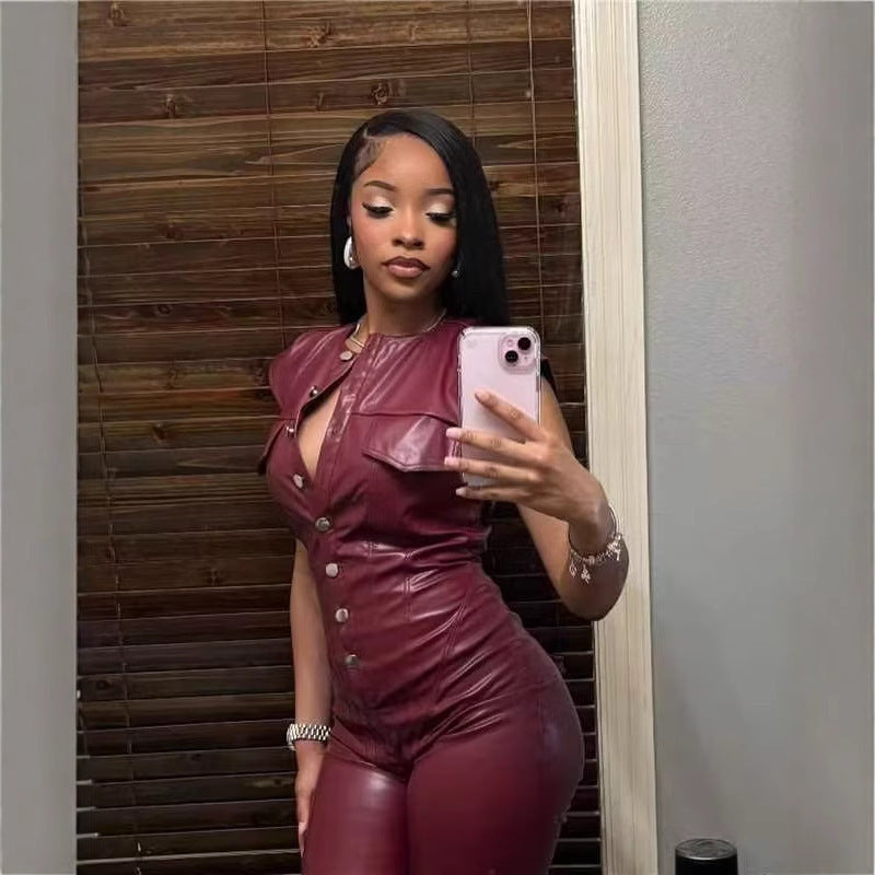 Burgundy PU Leather Women's Sleeveless Button-Up Jumpsuit